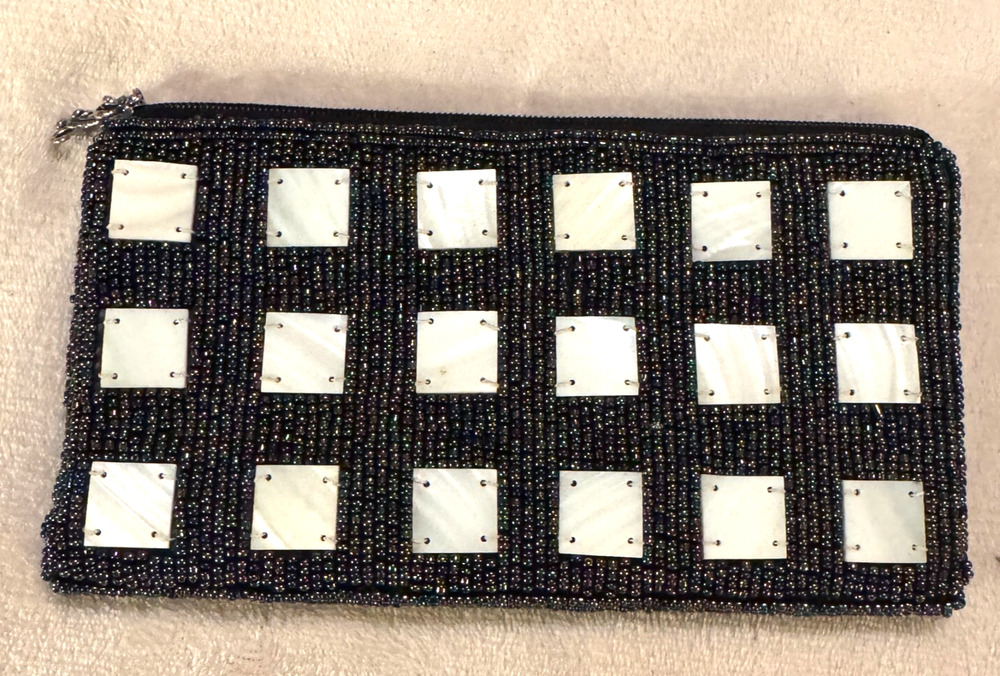 Vintage Zippered Pouch Tigger silver zipper pull mother of pearl beaded 4"x7"